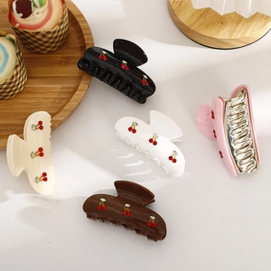 French Minimalist Cherry Rhinestone Hair Claw Clip Acrylic Fruit Pattern Hair Clip Sweet Hair Accessories For Women Ponytail Holder