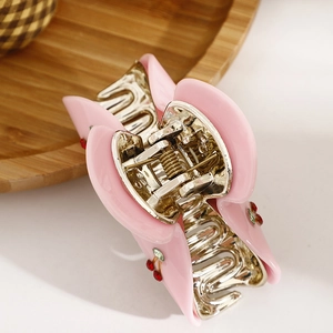 French minimalist light pink cherry rhinestone hair claw clip for elegant hairstyles