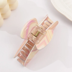 Pink and yellow marble butterfly hair claw clip with golden metal spring for women