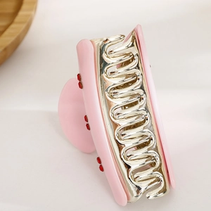 French minimalist cherry rhinestone hair claw clip with pink glossy finish for women