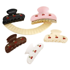 Set of 5 French cherry rhinestone hair claws in black, pink, brown, beige, and white colors