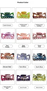 Collection of twelve colorful acrylic bow hair claws with marble textures in a grid layout