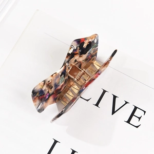 Fashionable acetate bow hair claw with colorful oil painting pattern and gold metal spring