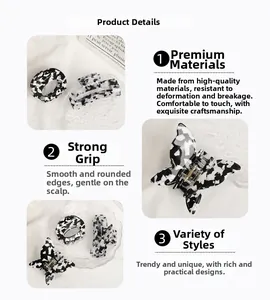 Detail showing marble texture acetate hair clips with strong grip and flexible spring