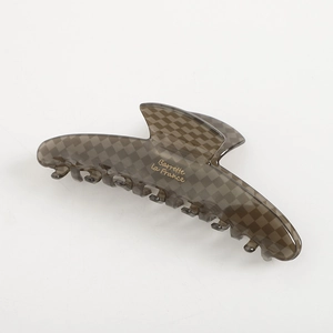 Elegant grey checkered acetate hair claw clip with gold Barrette La France lettering