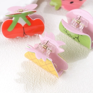 Cute Korean acrylic fruit hair claws featuring strawberry, pineapple, and cherry shapes