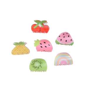 Set of 6 cute acrylic fruit hair claws featuring strawberry pineapple and rainbow designs