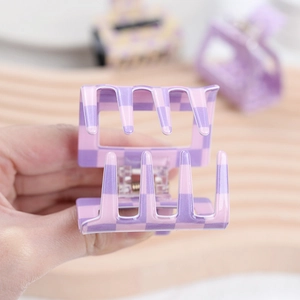 Chic square acrylic hair claw clip with purple and pink checkerboard pattern design