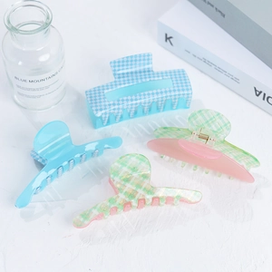 Set of four pastel plaid and solid color square acetate hair claws for women
