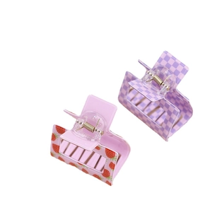 Set of square acrylic hair claws with pink strawberry and purple checkerboard designs