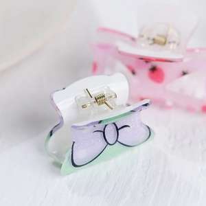 Sparkly acrylic hair claw clips with colorful bow and strawberry patterns for women