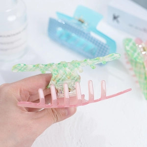 Pink and green plaid acetate square hair claw clip for elegant bun hairstyles