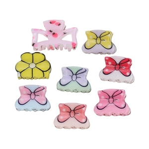 Set of 8 colorful acrylic mini hair claws with glitter flower and bow designs for girls
