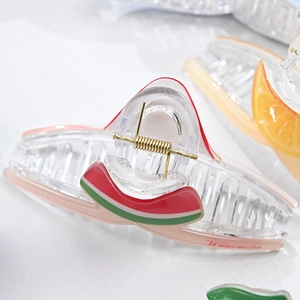 Large acrylic fruit hair claw clips with colorful watermelon and orange summer designs