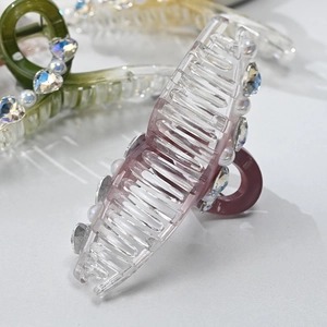 Pink luxury acrylic hair claw clip with crystal hearts and white pearls for women