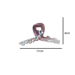Detail showing dimensions of purple acrylic hair claw clip with crystals and pearls