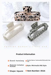 Close-up of three acetate square hair claws in tortoiseshell, cream, and spotted patterns