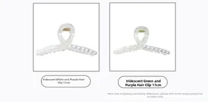 Detailed view of iridescent cross-pattern hair claws in pearl white and green, 11cm length