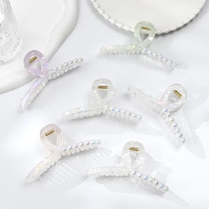 Elegant Iridescent Mermaid Acetate Hair Claw Clip With Artificial Pearl Embellishment Large Shark Clip For Women Fashion Hair Accessories