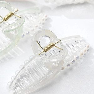 Transparent mermaid pearl shark hair clip with iridescent beads and gold spring