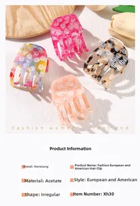 Close-up of four colored acetate hair claws featuring white smiley face patterns and details