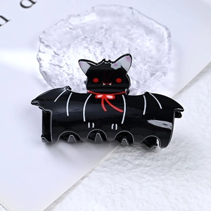Pince à cheveux gothique chauve-souris noire et chat vampire avec nœud rouge festif