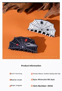 Macro shot of black and white spider web acrylic hair clips on rustic wood background