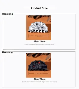 Size chart showing 7.8cm spider web hair clips in black and white styles for Halloween