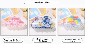 Detailed view of acrylic hair clips in cute castle, astronaut, and balloon designs