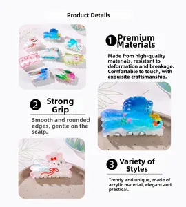 Détail de pinces à cheveux en acrylique avec motifs imprimés de lapins et d'oiseaux
