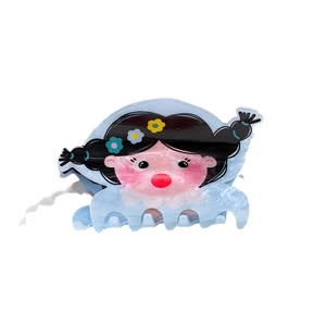 Light blue acetate hair claw clip with a cute cartoon girl design and floral details
