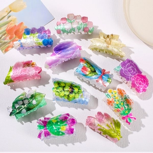 Eleganter Acryl Blumen Haarkralle Rose Tulpe Lilie Bouquet Doppelseitig Bedruckt Großer Hai Clip Haarschmuck Für Damen
