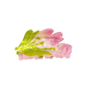 Eleganter Haarklammer in Tulpenform aus Acryl mit rosa Blüten und grünen Blättern