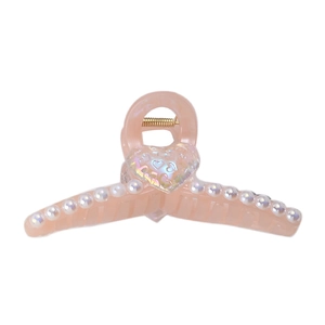 Pince à cheveux rose pêche avec perles élégantes, cœur holographique et ressort doré