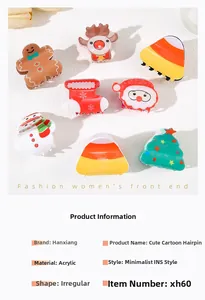 Detailed view of set of seven cute Christmas acrylic hair clips with festive designs