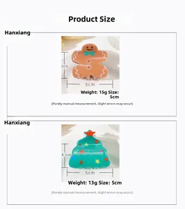 Size chart showing dimensions for gingerbread man and Christmas tree hair claw clips