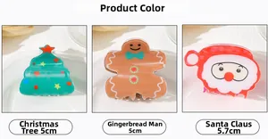 Detailed views of Christmas tree, gingerbread man, and Santa Claus hair claw clips