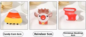 Detailed views of Christmas hair claws showing hat 6cm, reindeer 5cm, and stocking 4cm styles