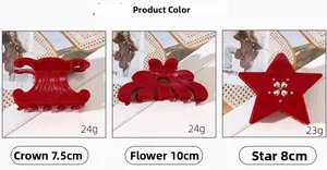 Detailed comparison of red acetate hair claws with crown, flower, and star shapes