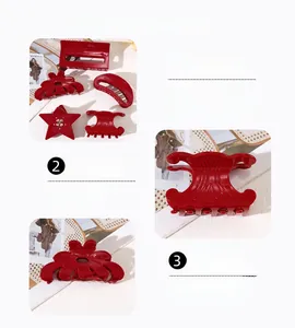 Detailed views of red acetate hair claws with rhinestones in various shapes