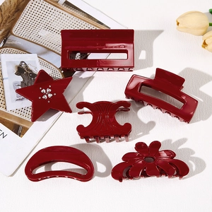 French Retro Red Acetate Hair Claw Clips Elegant High-End Handmade Rhinestone Star Flower Geometric Shark Clips For Women