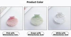 Detailed comparison of shell-shaped acetate hair claws in pink green and white with rhinestones