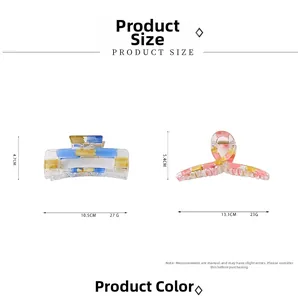 Size chart showing dimensions for rectangle and crossover geometric hair claw clips