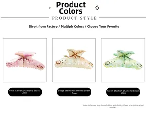 Detailed view of starfish claw clips in pink, beige, and green with rhinestones
