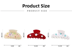 Detailed size chart for rhinestone butterfly acetate hair claws showing dimensions and weight