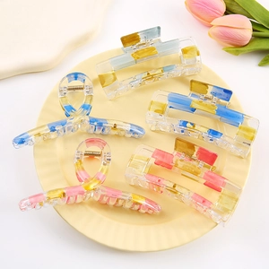 Western Fashion PVC Painted Grid Large Hair Claw Clip Artistic Transparent Rectangular Cross Ribbon Ponytail Holder Women Hair Accessories