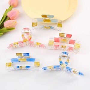 Artistic oil painting style transparent resin hair claws set with colorful patterns