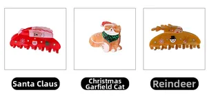 Vues détaillées des pinces à cheveux de Noël avec motifs Père Noël, chat roux et renne festif