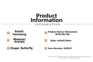 Detailed product specifications for acetate butterfly hair claw with rhinestone accents