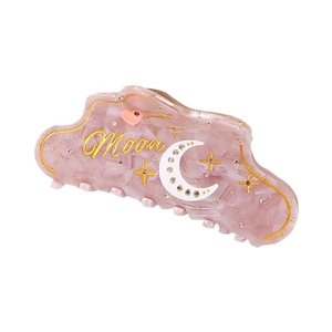 Pink translucent acetate cloud hair claw clip with Moon embroidery and gold star accents